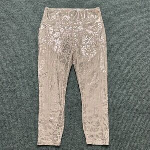 Guru G Active Womens Leggings Size L Beige Foil Floral Print Mid Rise Stretchy